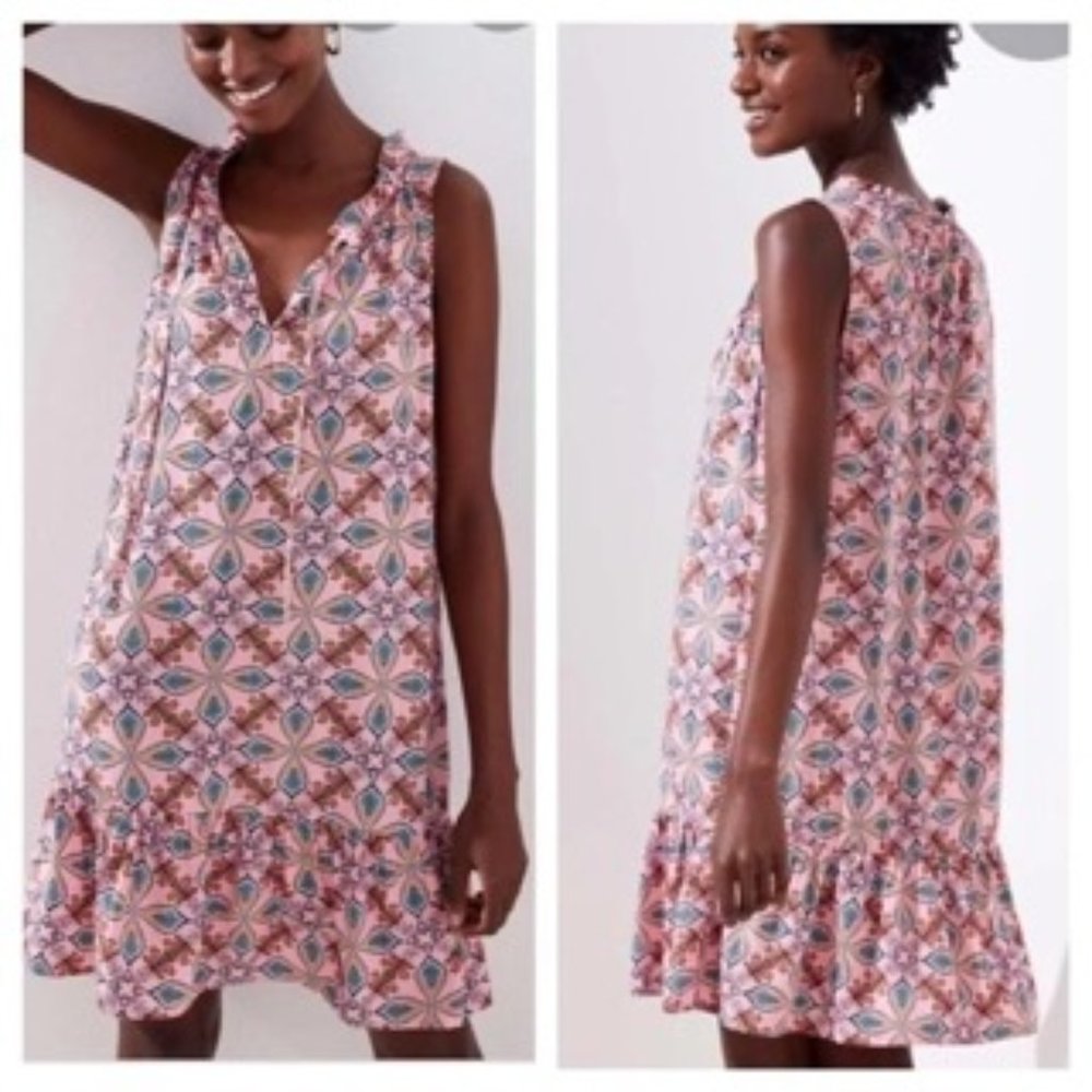 Loft Medallison Ruffle tie neck flounce dress SMALL